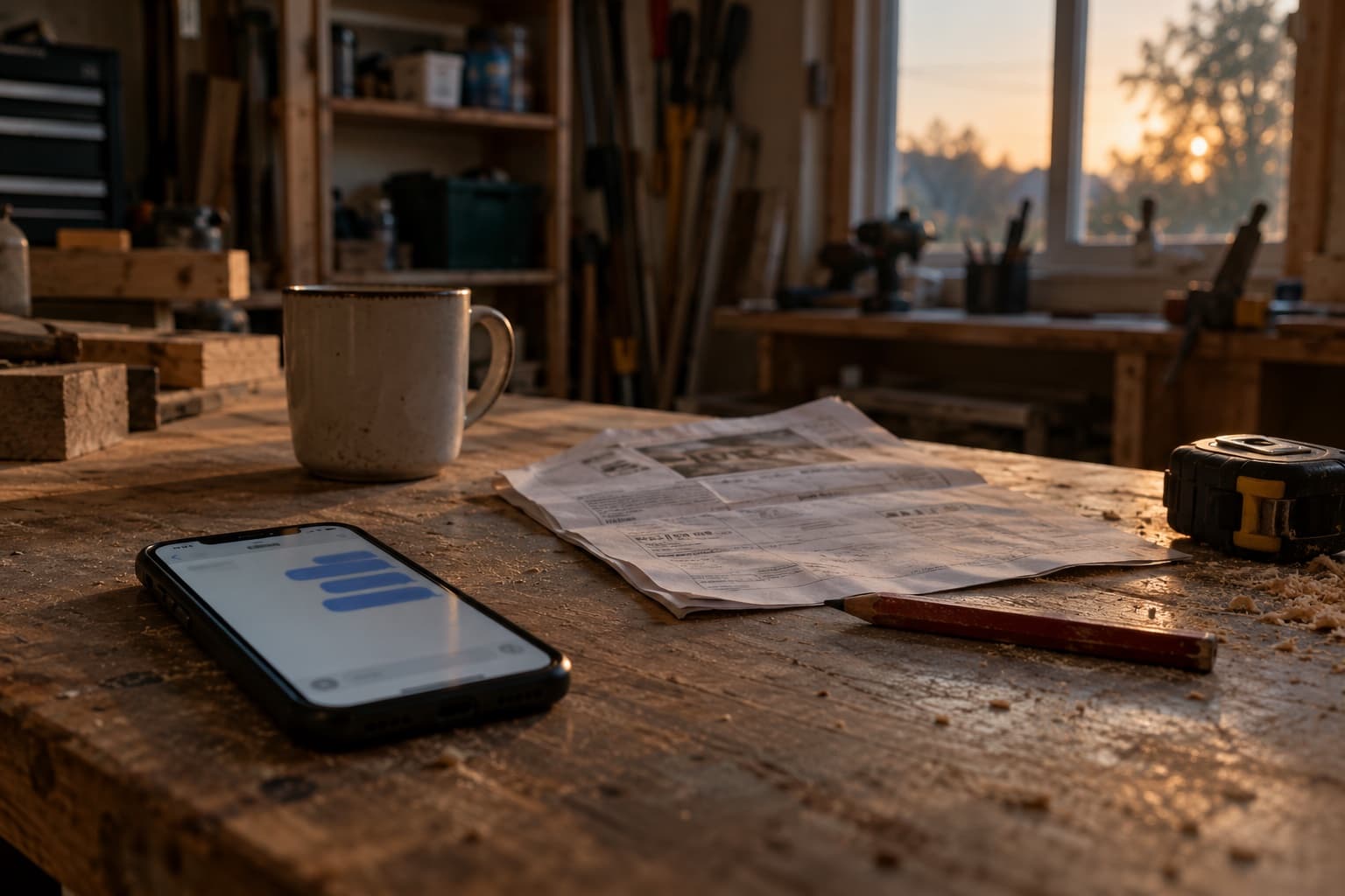 Phone on a workshop bench showing an unanswered message screen, next to a folded quote