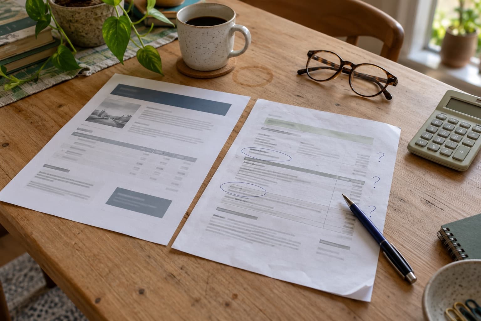 Deux propositions imprimées posées côte à côte sur une table, l'une annotée au stylo, à côté d'une calculatrice
