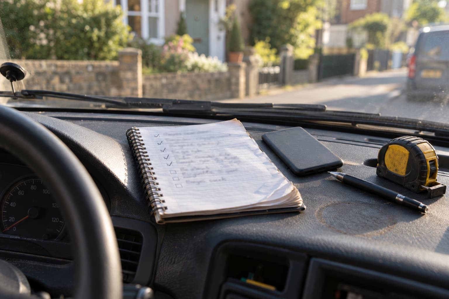 Open notebook with a checked-off list of questions on a van dashboard, next to a phone