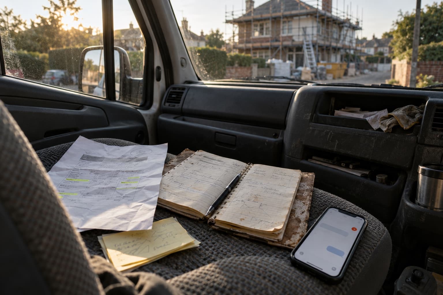 Printed quote, appointment notebook and phone on the seat of a work van