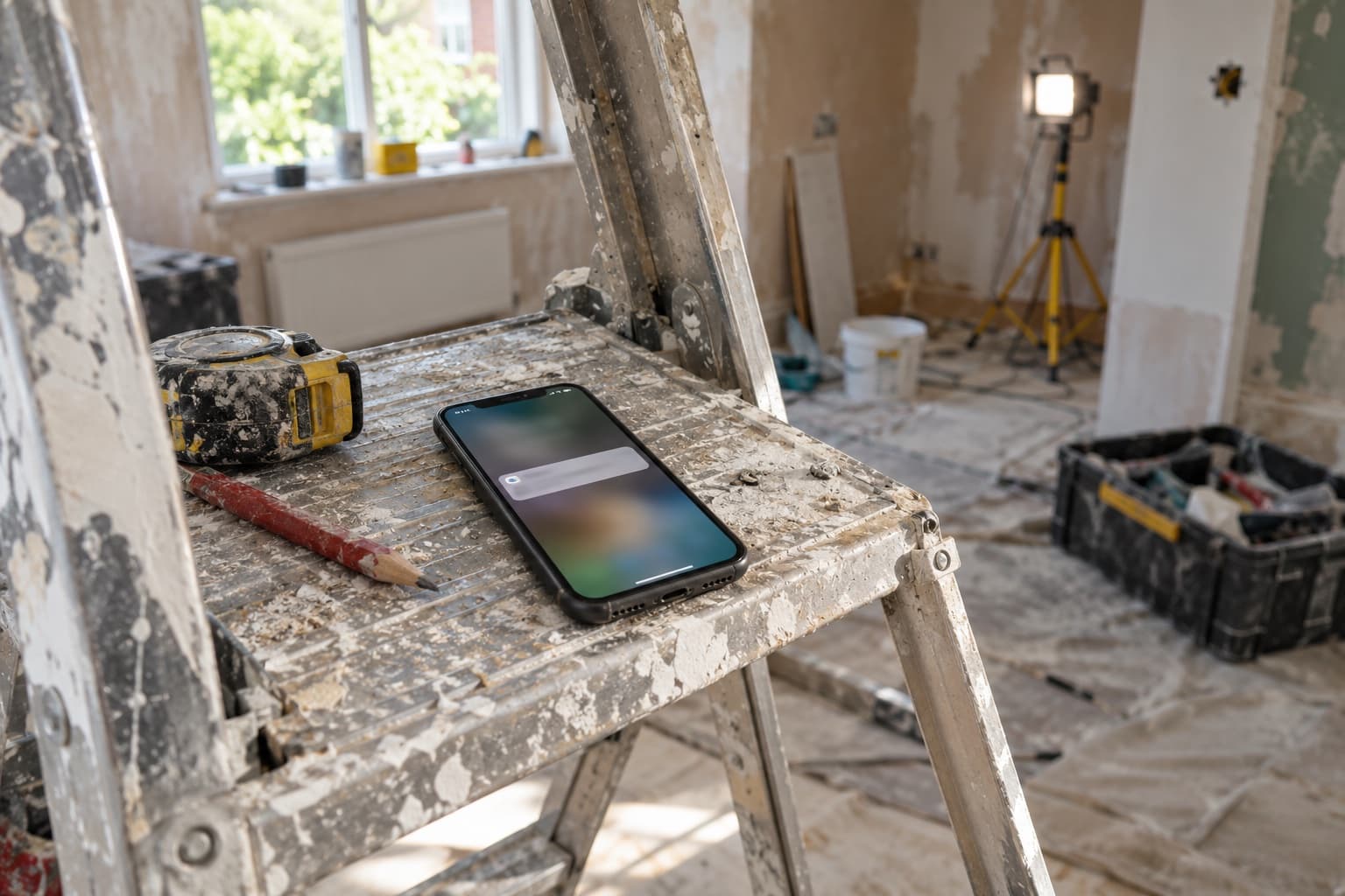 Phone resting on a job-site stepladder, a new inquiry notification on the screen