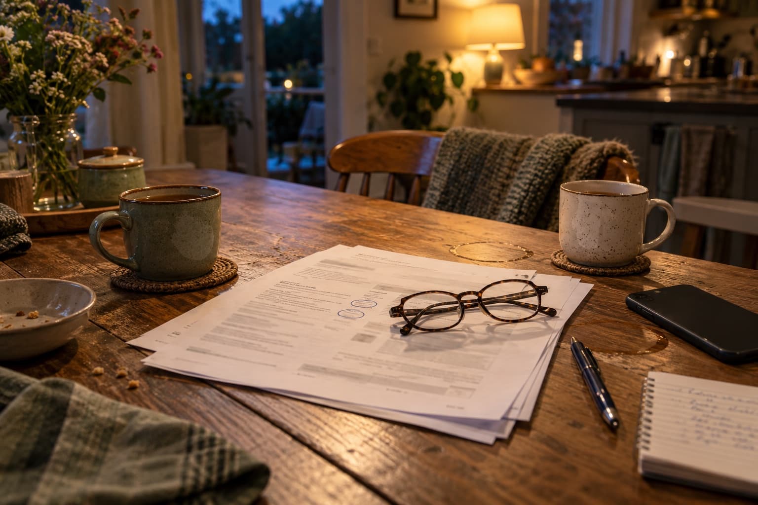 Proposition commerciale imprimée posée sur une table de cuisine le soir, avec deux tasses et un stylo