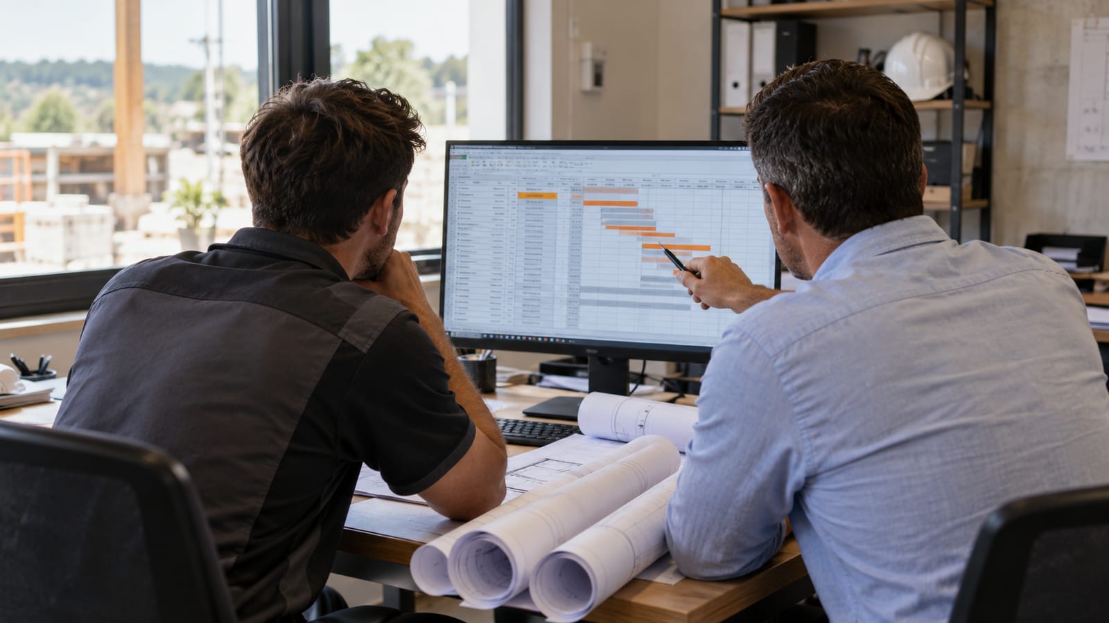 Deux personnes de dos, dans un bureau d'entreprise du bâtiment, examinent ensemble un tableau à l'écran, des plans roulés sur le bureau.