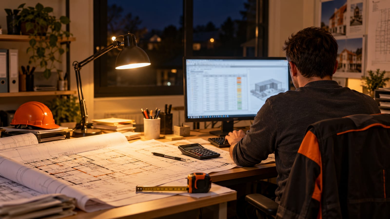 Une personne de dos prépare un devis à l'écran en fin de journée, sous une lampe de bureau, avec des plans, une calculatrice et un mètre ruban sur la table.