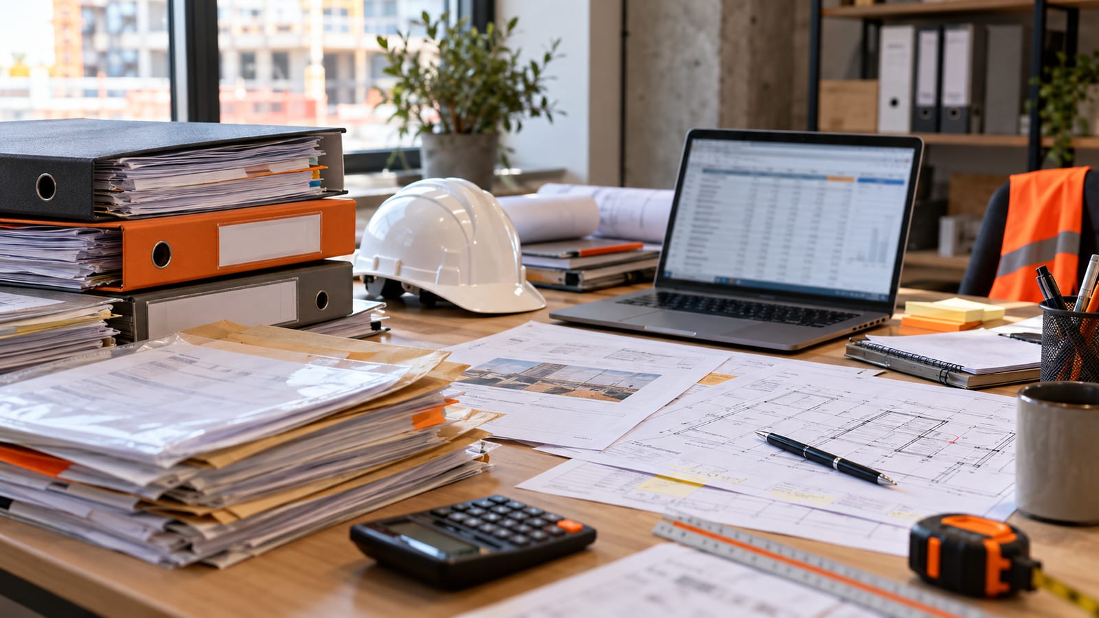 Un bureau d'entreprise du bâtiment couvert de classeurs, de factures et de plans, avec un casque de chantier et un ordinateur portable.