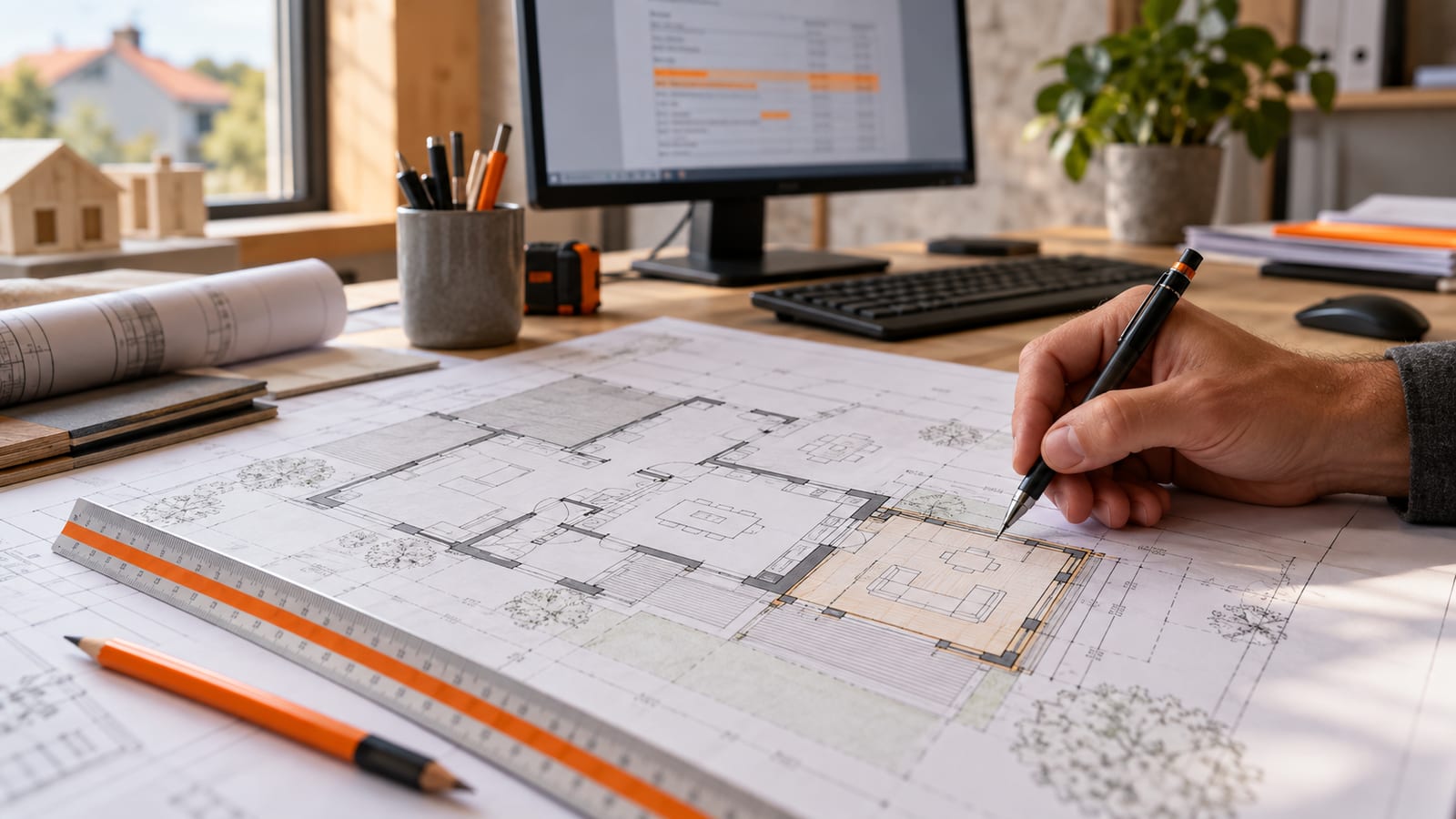 Une main annote au crayon le plan d'une extension de maison, devant un écran affichant un devis dont quelques lignes sont surlignées.