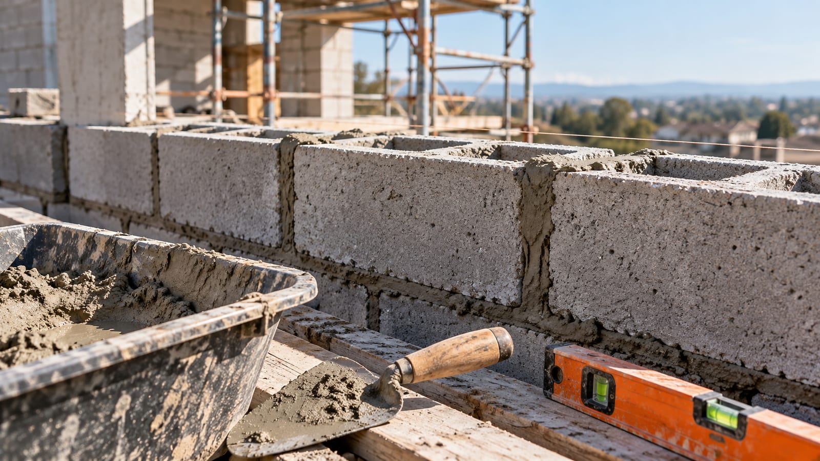 Un mur de blocs béton creux en cours de montage sur un chantier, avec une auge de mortier, une truelle et un niveau à bulle au premier plan.