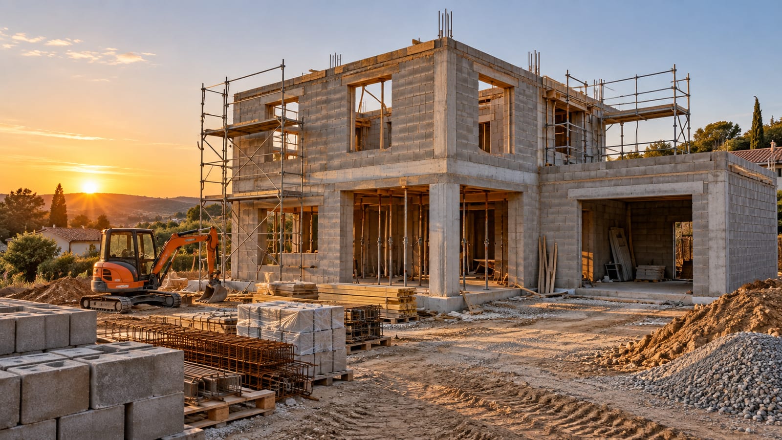 Le gros œuvre d'une maison individuelle avec garage à mi-avancement, murs en blocs béton, échafaudages et palettes de matériaux, au coucher du soleil.